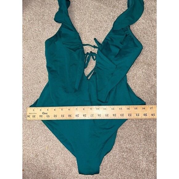Becca Virtue L Green Blue Teal One Piece Swim Bathing Ruffle Socialite Plunge - Picture 3 of 7